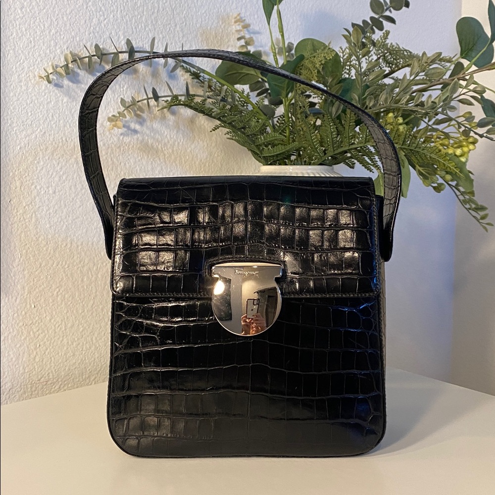 Vintage Salvatore Ferragamo Croc Embossed Leather Gancini Bag